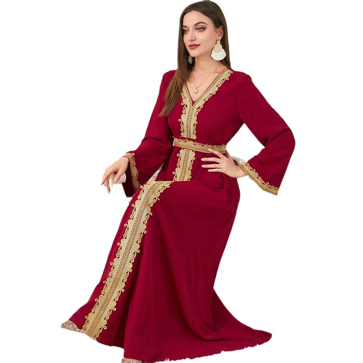 Muslim Women's Clothing Pure Color Splicing Basic Loose Embroidered Long Skirt Long Sleeve Dress - AIAZ