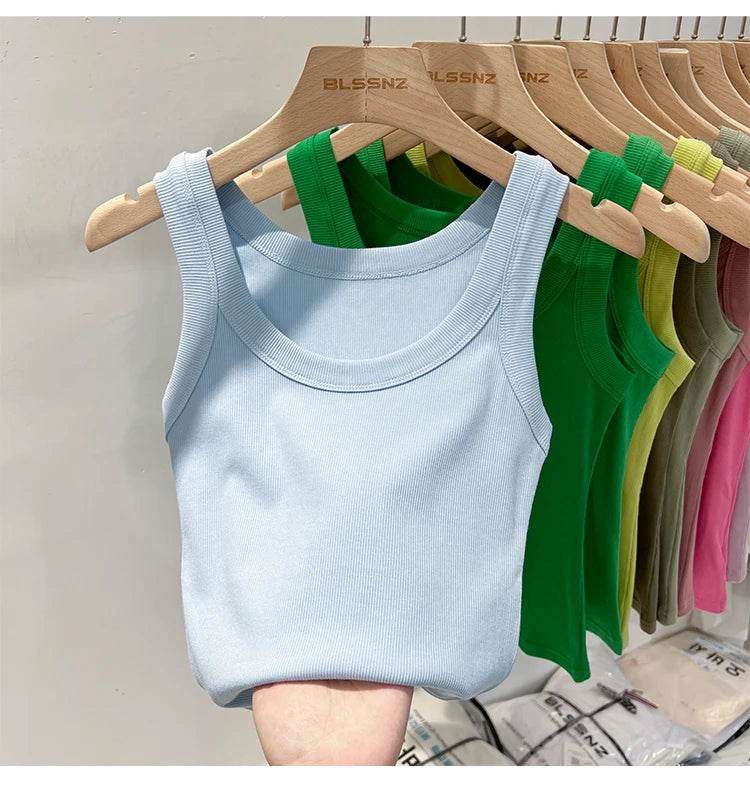 Women Solid Round Neck Ribbed Tank Top Camisole Women 2025 Summer Basic Elastic Tank Top O Neck Solid Tank Top - AIAZ
