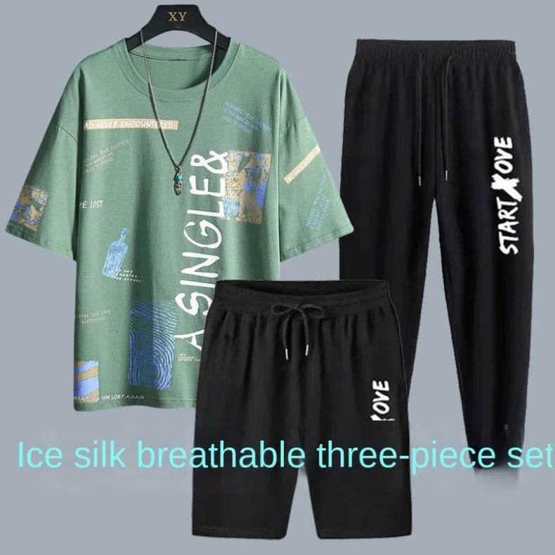 Trendy short-sleeved t-shirt youth quick-drying sports shorts three-piece summer men's casual thin student suit - AIAZ