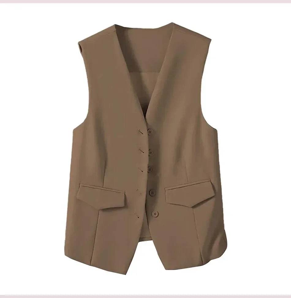 Women Suit Vest Elegant Women's V Neck Business Vest Sleeveless Waistcoat for Office Commute Style Solid Color Single-breasted - AIAZ
