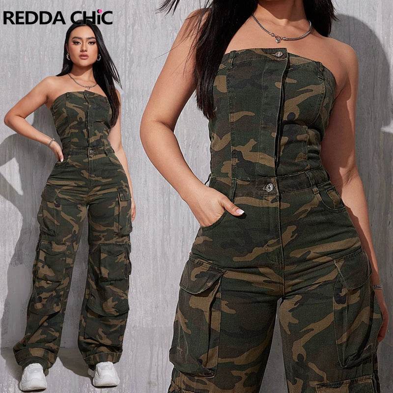 REDDACHiC Camouflage Button Front Denim Tube Jumpsuit Women Retro Y2k Function Pockets Sleeveless One-piece Overalls Work Wear - AIAZ