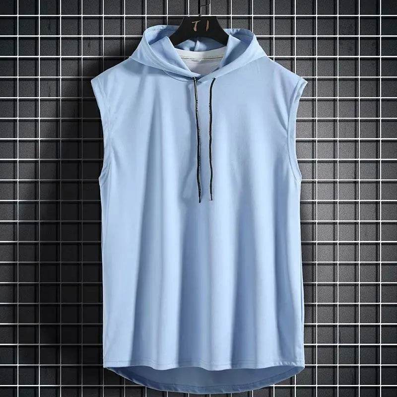 Men Tie Collar Hooded Sleeveless Vests Male Summer Loose Solid Hip Hop Tee Shirt Tops - AIAZ