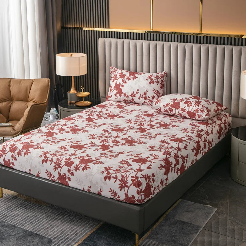 100% Polyester 3pcs Printed Sanding Fitted Sheet and pillowcases Set Elastic Band Around Mattress Cover King Size Bed Cover