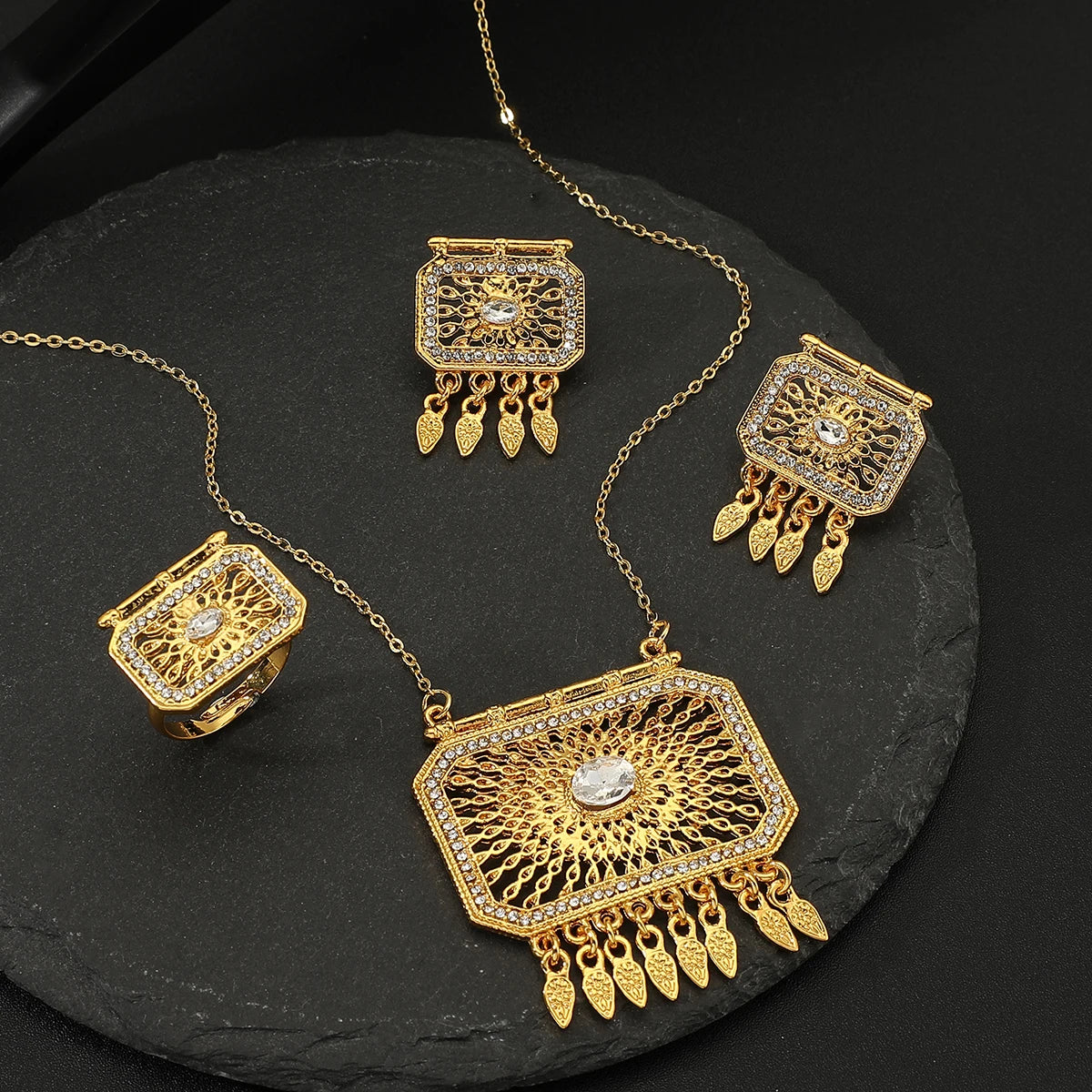 2024 New Unique Design 18k Gold Plated Stainless Steel Necklace earrings ring for women's jewelry set  Wedding Holiday Gifts