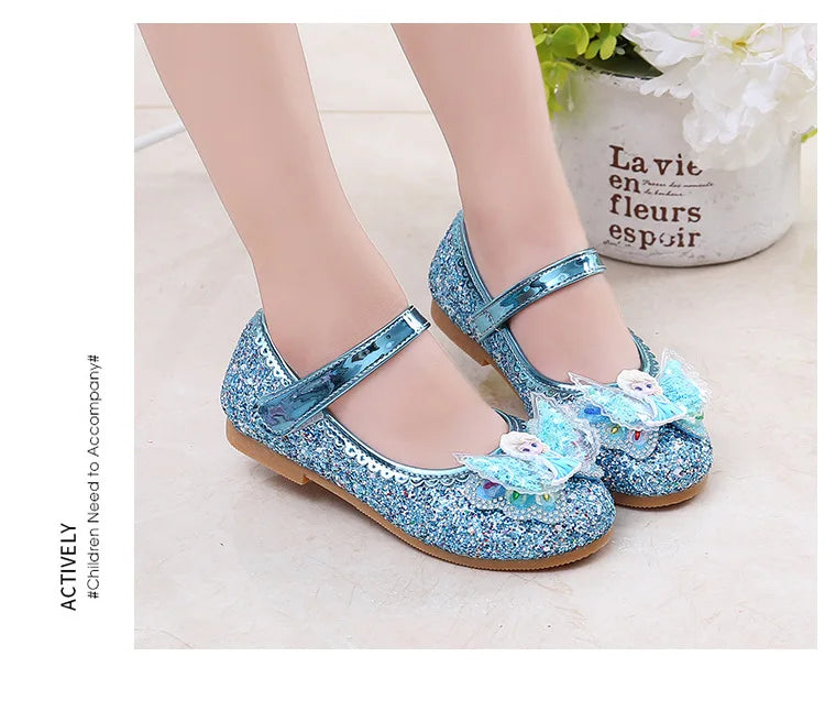Disney Elsa Frozen Girls Princess Shoes Spring and Autumn Flat Paillette Shoes Children's Soft Sole Baby Casual Shoe Party Shoes