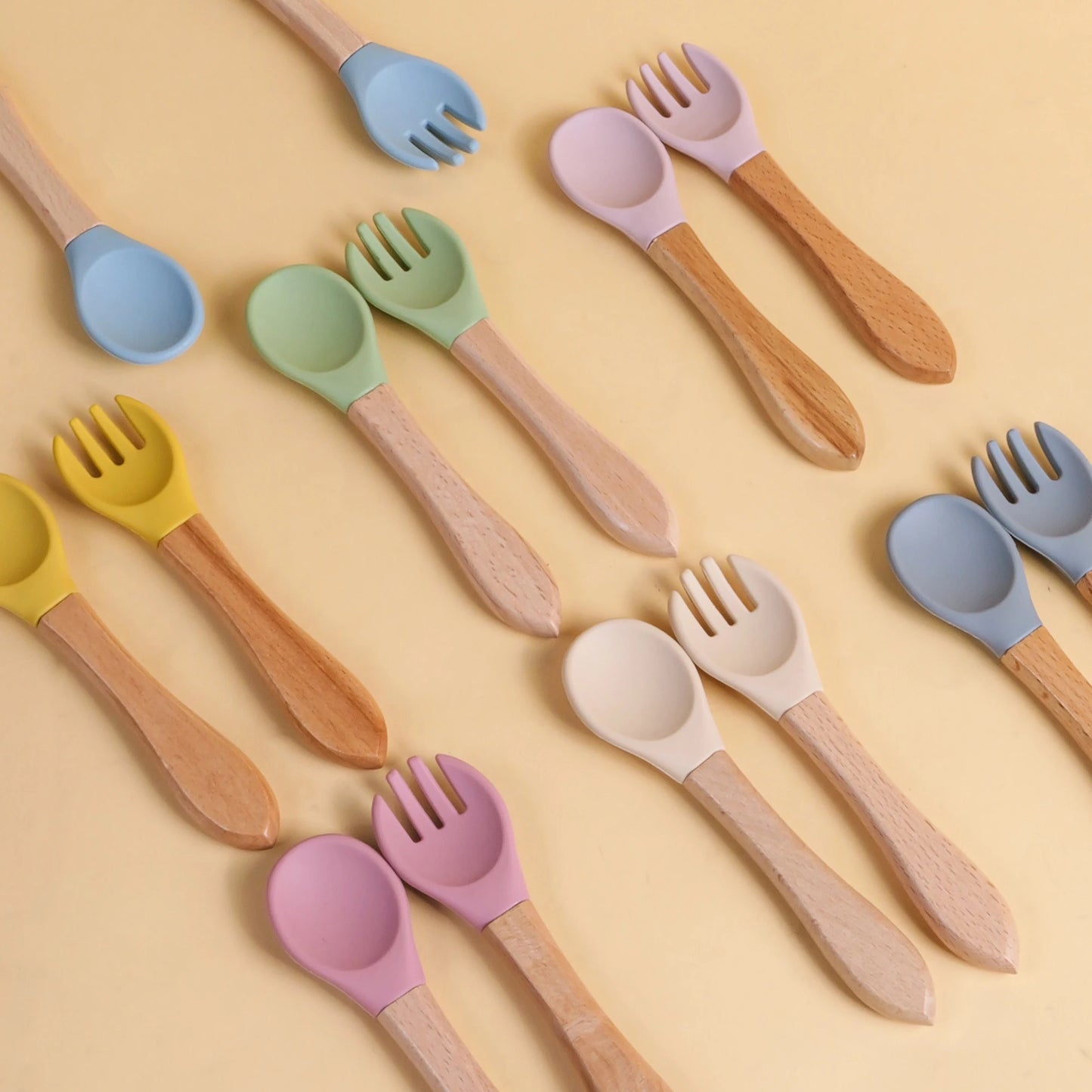 2pcs/set Tableware Baby Spoon Fork Set Children's Silicone Wooden Feeding Training Baby Dinnerware Cutlery Baby Feeding Supplies