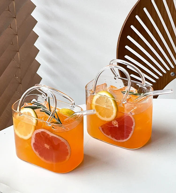 770 Ml Handbag Glass Beverage Cup Cocktail Glass Wine Cups with Straw Creative Fruit Tea Juice Mug for Home Special Drinkware