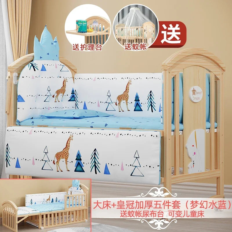 Baby Crib Multifunctional BB Baby Crib Solid Wood Unpainted Cradle Bed Movable Newborn Children Splicing Large Bed