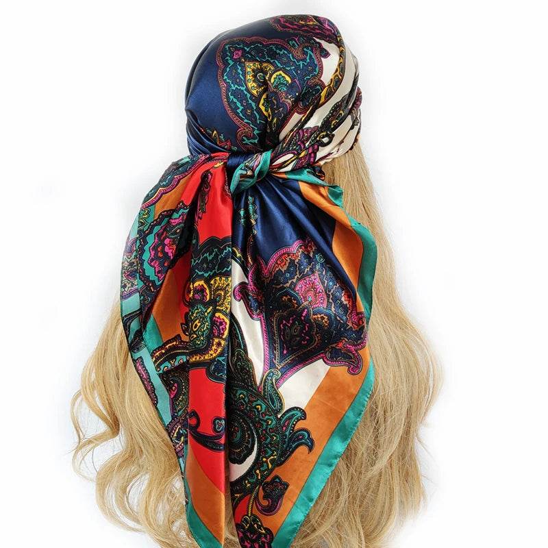 New 90*90cm Retro Brand Women Silk Scarf Bandanna Fashion Bohemian Pattern Square Hijab Lady Wrap Headband foulard muffler - AIAZ