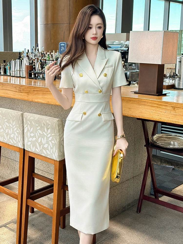 Elegant Office Lady Classic Business Formal Pencil Dress Women Clothes Blazer Commute Short Sleeve High Waist Slim Midi Vestidos - AIAZ