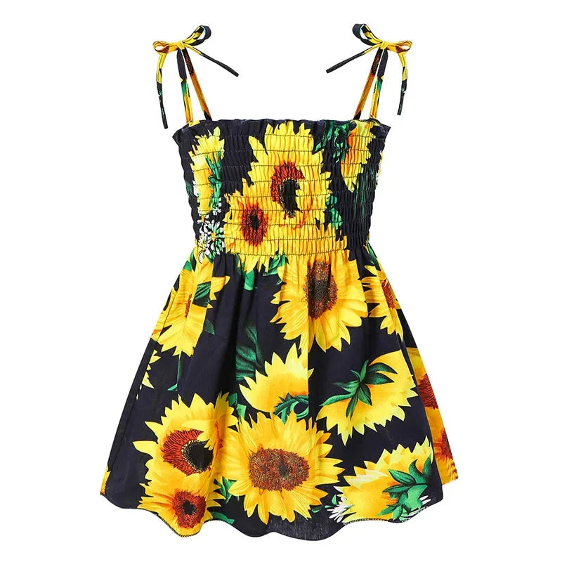 ‌2025 Summer Girls Princess Beach Dress Strapless Floral Print Sleeveless Party Wear Toddler Solid Color Casual Fashion 1-6Y