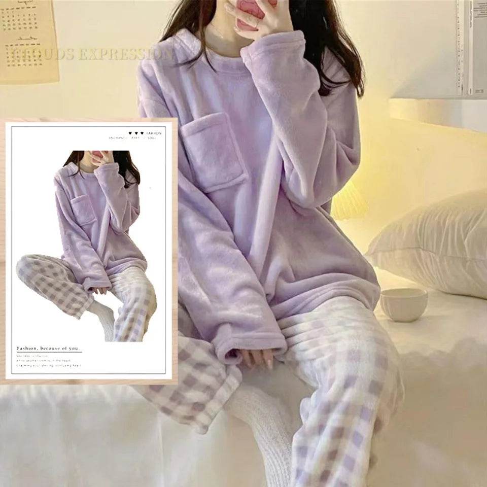 Autumn Winter Flannel Women's Pajamas Sets Polka Dots Printed Teddy Sleepwear Velvet Homewear Kawaii Girsl Pijamas Mujer Pyjama - AIAZ
