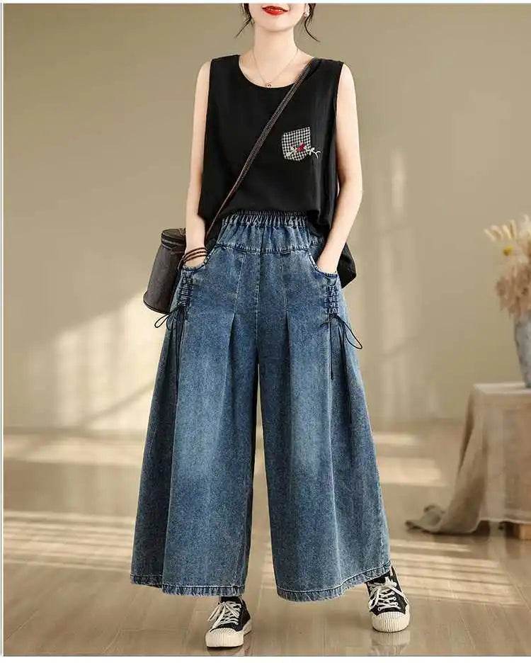 Denim Pant Women Jeans Wide Leg Long Pants A Line High Waist Straight Trousers Y2k Streetwear Casual Loose Mom Summer Club - AIAZ