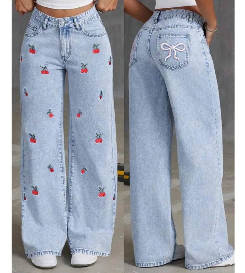 Denim Wide Leg Pants Women Jeans Embroidery High Waist Distressed Washed Mom Pockets Vintage Floor Length Trousers Streetwear - AIAZ