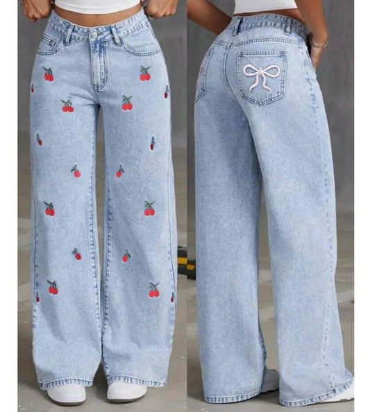 Denim Wide Leg Pants Women Jeans Embroidery High Waist Distressed Washed Mom Pockets Vintage Floor Length Trousers Streetwear - AIAZ