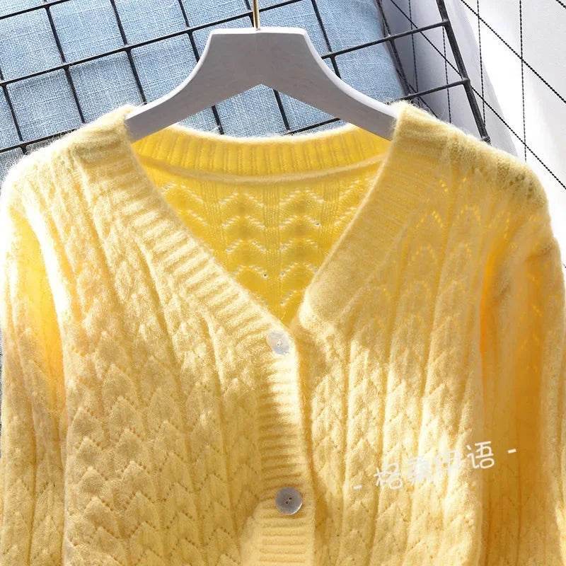 Women Cardigans Autumn Winter 2024 Single Breasted V-neck Knitted Sweater Spring Fashion Short Knitwear Solid Cardigan Jumpers - AIAZ