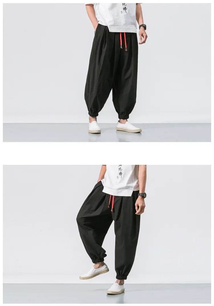 New Trendy Men Harem Pants Loose Oversized Style Cotton and Linen High Quality Jogger Sweatpants Casual Male Trousers - AIAZ