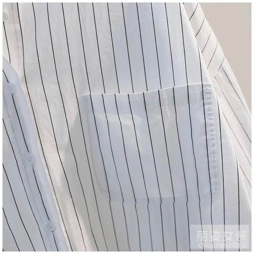 Women's Clothing 2023 Striped Simplicity Fashion Casual Spring Summer Thin Pockets Turn-down Collar Button Loose Formal Blouses - AIAZ