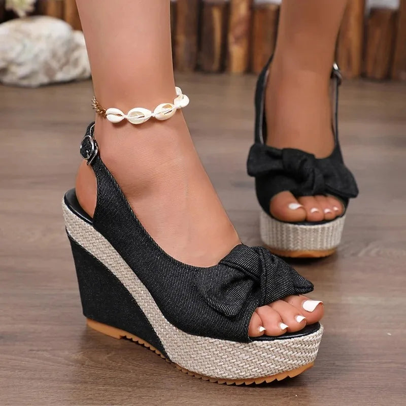 Fashion Bowknot Wedge Heel Sandals for Women Denim Peep Toe Chunky Platform Sandalias Mujer Back Strap High Heel Gladiator Shoes