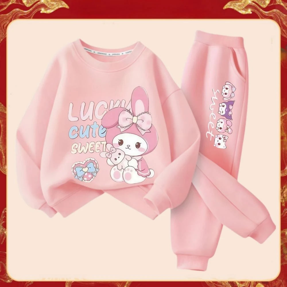 Spring Autumn Children's Sanrio Melody Print Clothes Sets Kids Kawaii Sweatershirts Pullover Tops & Pants 2Pcs Outfit Tracksuit