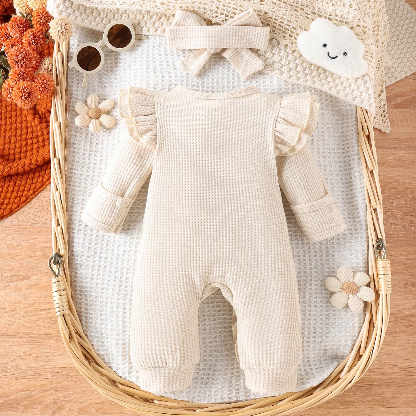 2PCS Autumn New Style 0-1 Year Old Girl Baby Sweet And Cute Solid Color Flying Sleeve Waffle Long-Sleeved Jumpsuit + Hair Band