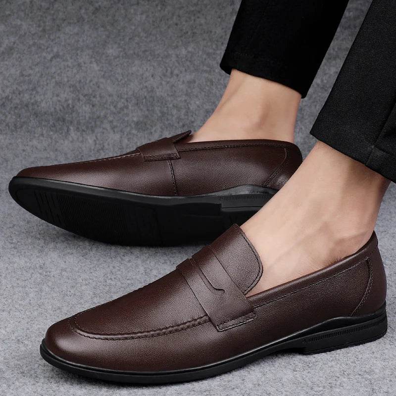 Classics Men's Brown Business Officially Shoes Leather Wedding Party Shoes for Men Quality Loafers Genuine Leather Pointed Shoes - AIAZ