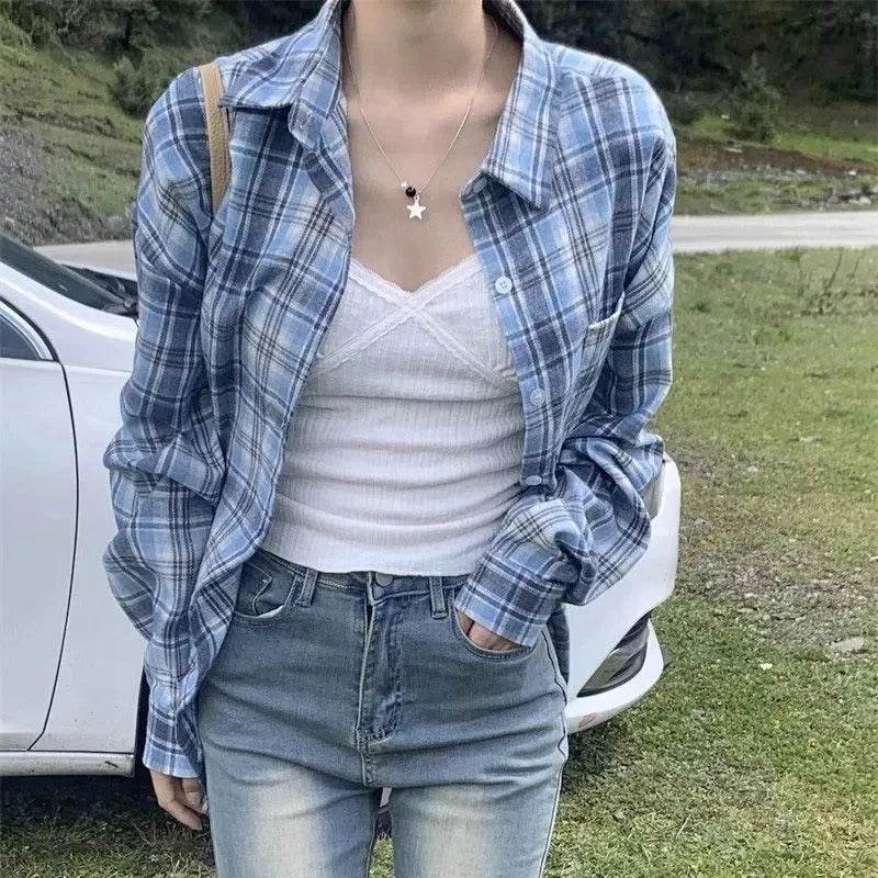 Women Plaid Casual Shirt American Vintage Loose Long Sleeve Sweet Blue Blouse Autumn Preppy Button Elegant Retro Female New Tops - AIAZ