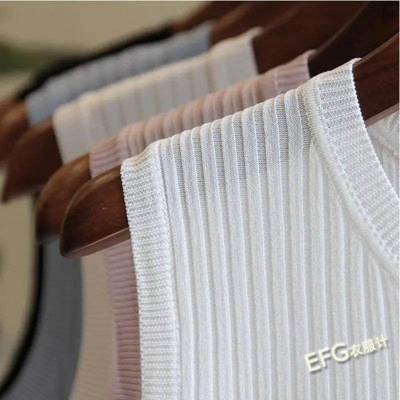 2025 Summer New Fashion Knitted Vests O-neck Sleeveless Casual Thin Tops Sleeveless Blouse Women Shirt - AIAZ