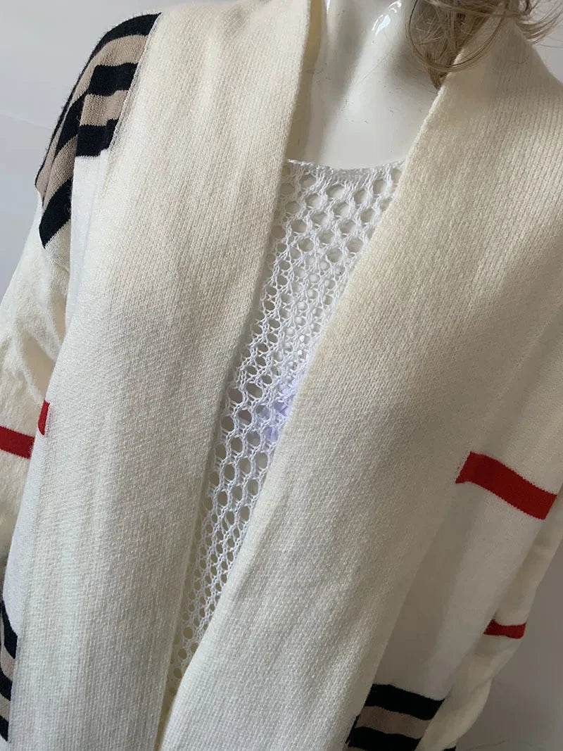 Women Sweater Spring Autumn Cardigan Coats Casual Stripes Knitted Cardigan Clothes Women Oversized Cardigan Long Sweater Coat - AIAZ