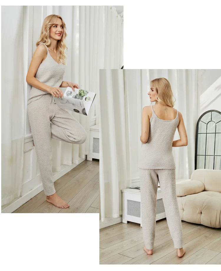 Pajamas for Women Pajama Sets Sexy Knitted Suspender Pajamas Autumn Winter Warm Solid Color Half-edge Velvet Suit Home Clothes - AIAZ