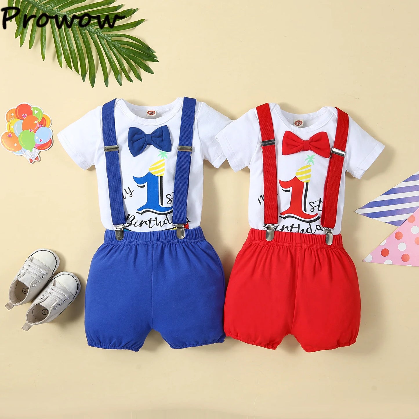 Baby Boys Birthday Outfits Sets Balloon Letter"1" Bodysuit and Y-back Suspender Shorts 1 Year Birthday Baby Cake Smash Clothes