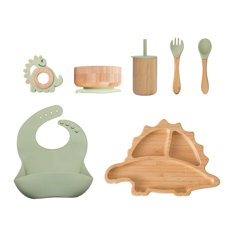 7pcs Silicone Baby Feeding Set Baby Feeding Supplies Kids Bamboo Dinnerware With Cup Children's Dishes Bowl Stuff Tableware Gift