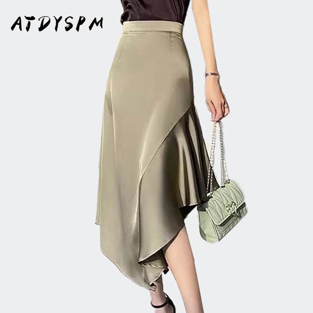 Elegant High Waist Satin Skirts Women Irregular Mermaid Skirt Fashion Streetwear Casual A-Line Skirts Office Lady Long Skirts - AIAZ