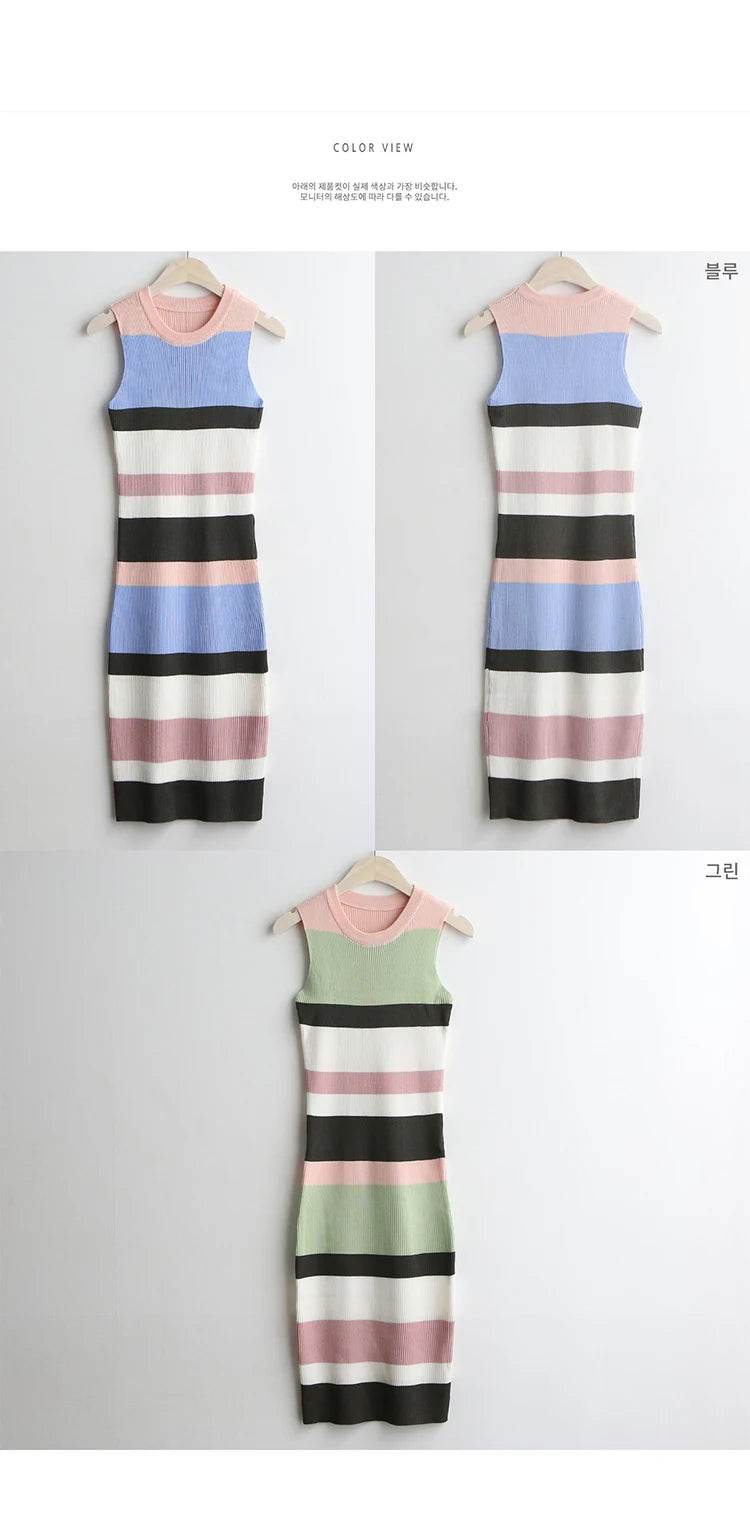 H Han Queen Elegant Occupation Sleeveless Knitted Dress Women Autumn Stretch Striped Bodycon Dresses Wear To Work Pencil Vestido - AIAZ