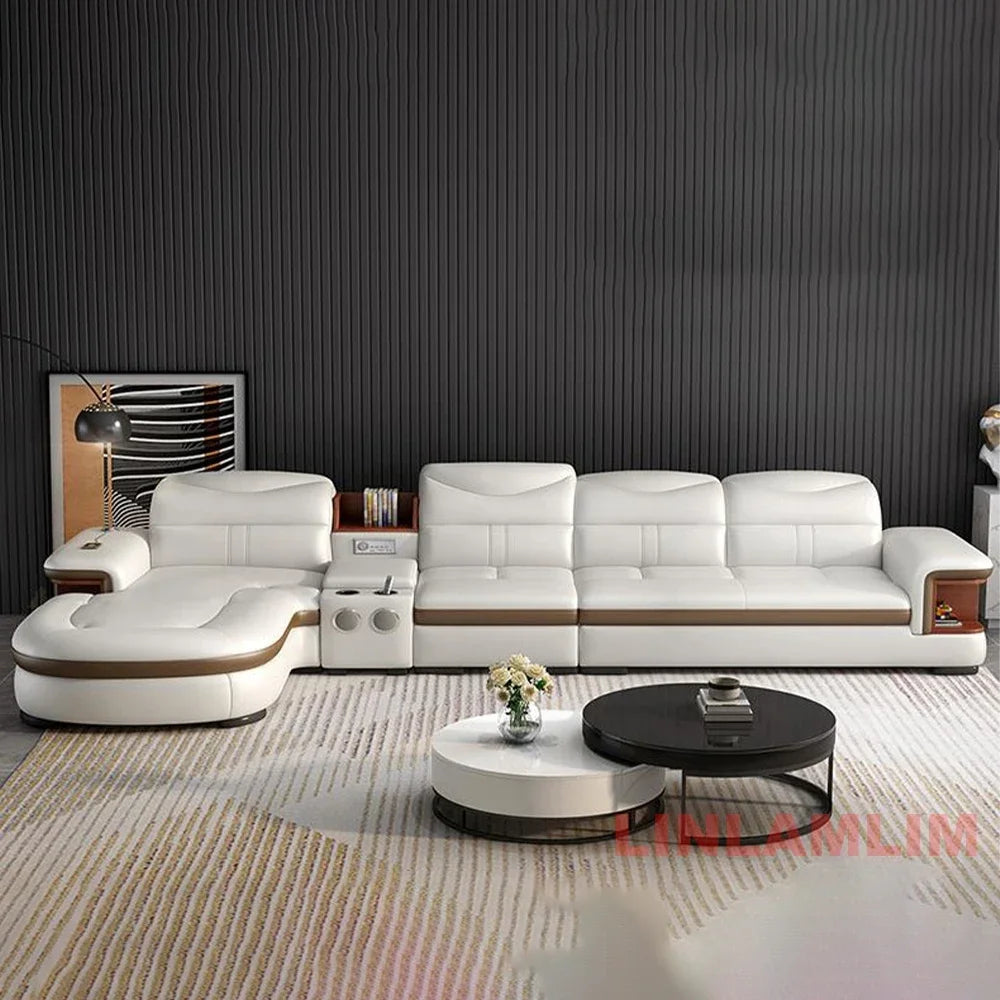 Modern L-Shaped Sectional Sofa with Chaise, Luxury Italian Genuine Leather Couch with adjustable headrest, Storage, USB, Console