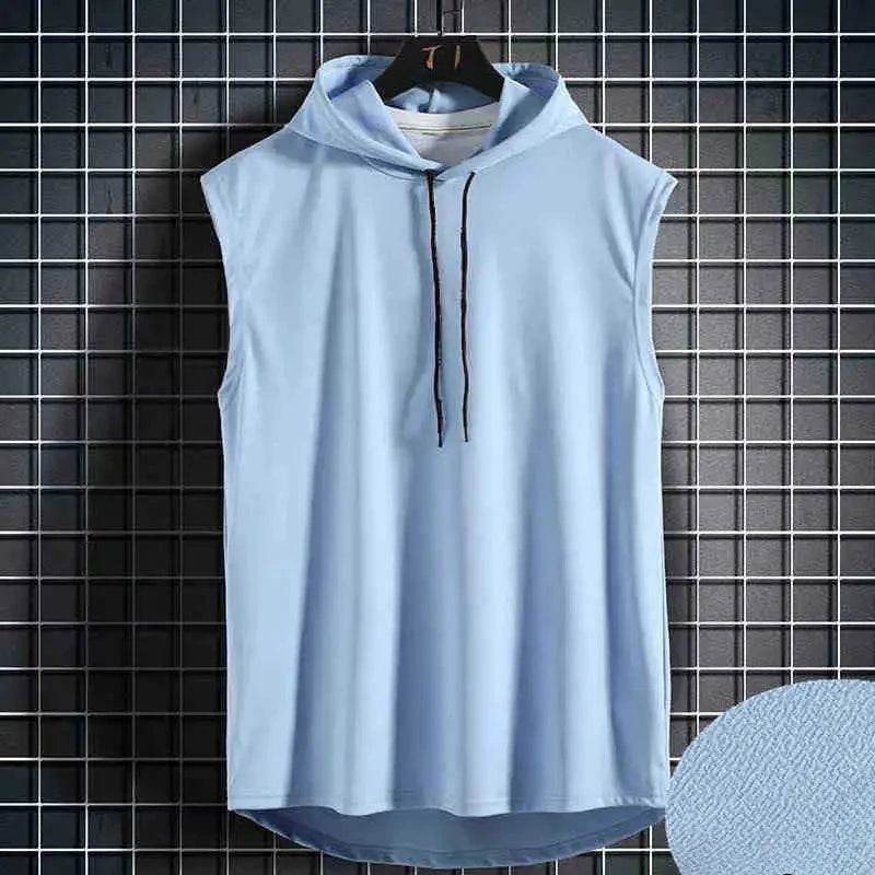 Men Tie Collar Hooded Sleeveless Vests Male Summer Loose Solid Hip Hop Tee Shirt Tops - AIAZ