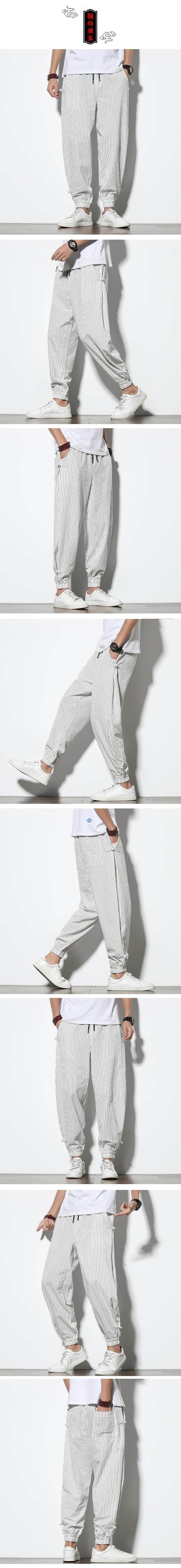 Four Seasons Men Disc Buckle Striped Harem Pants Breathable Cotton Linen Pencil Pants Buckle Casual Bloomers Fashion Trousers - AIAZ