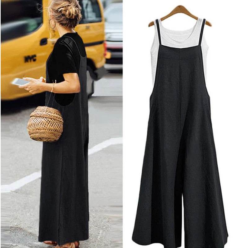 Women Straps Jumpsuit Summer Solid Color Wide Leg Pants Dungaree Bib Overalls Casual Loose Sleeveless Cotton Linen Jumpsuits 5Xl - AIAZ