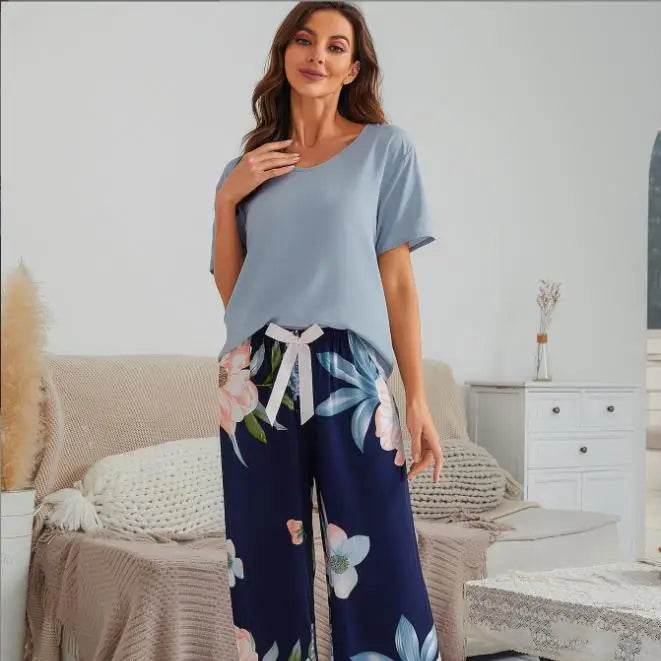 Breathable 2PCS Pajama Short Sleeve Printed Pijama Mujer Femme Loose Nightwear Suit Female Casual Homewear Pajama Set For Women - AIAZ