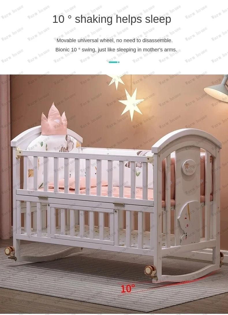 Solid wood spliced crib Multifunctional European style children's bed Movable newborn cradle large bed Baby Rest Chair