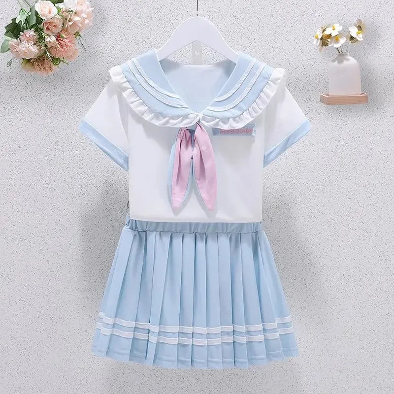 Summer Children Girls Student Uniform Set JK Mandarin Collar Tshirts and Pleated Skirts 2 Pieces Suit Kid Top Bottom Clothes