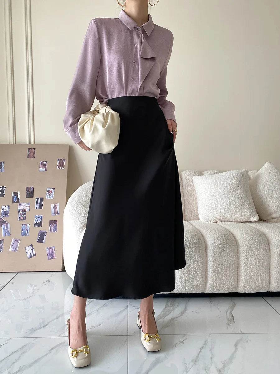 High Waisted Satin Long Skirts for Women Spring/Summer New 2025 Women's Skirt A-line Fashion Elegant Slim Fit Grey Black Skirt - AIAZ