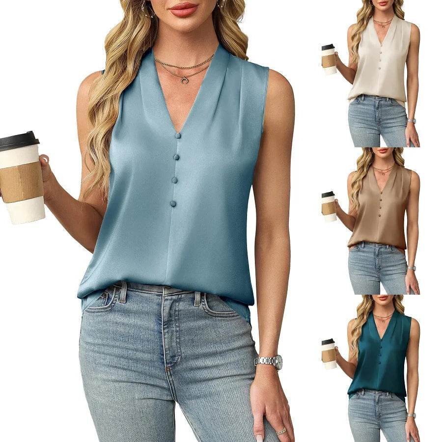 2025 Women's Blouses Summer Fashion Elegant Temperament Satin Work Tank Shirts Casual Button V-Neck Sleeveless Vest Black Tops - AIAZ