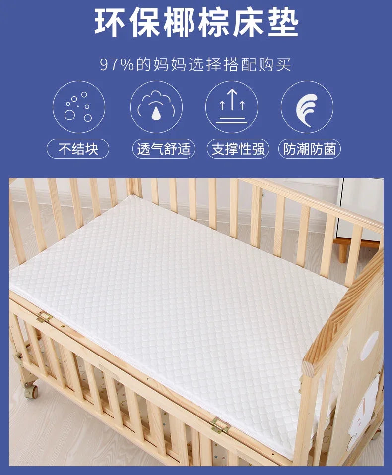 Baby Crib Multifunctional BB Baby Crib Solid Wood Unpainted Cradle Bed Movable Newborn Children Splicing Large Bed