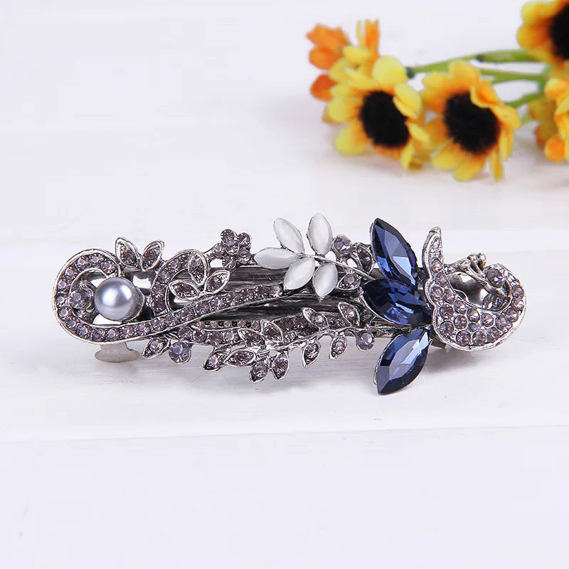 Red Crystal Flower Bow Spring Hairpin Vintage Ink Blue Rhinestone Horizontal Clip Top Clip Elegant Mom Fashion Hairpin Korean