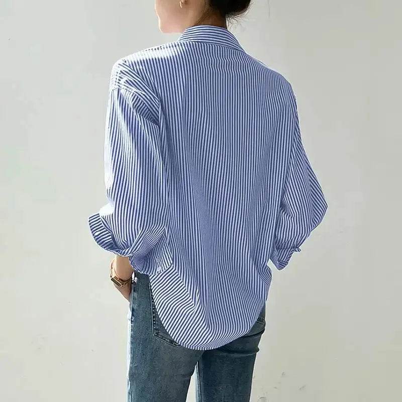 Women Spring Summer Blouses Shirts Lady Fashion Casual Long Sleeve Turn-down Blue Stripes Blusas Tops - AIAZ