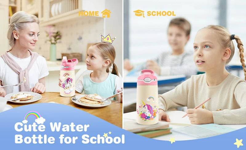 400ML Water Bottle for Children,Thermos With Cute Pattern,Children Thermal Bottle , School Kids Water Bottle With Straw BPA Free - AIAZ