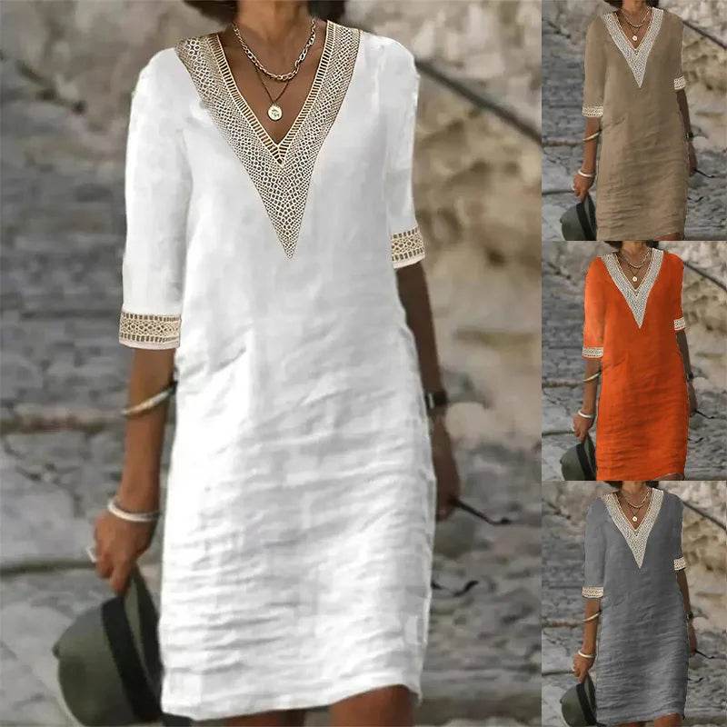 Women's Casual Midi Dresses 2025 Spring/summer Lace Cotton Linen White Dress Robes Vestido Branco Vestidos Vestidos De Mujer - AIAZ