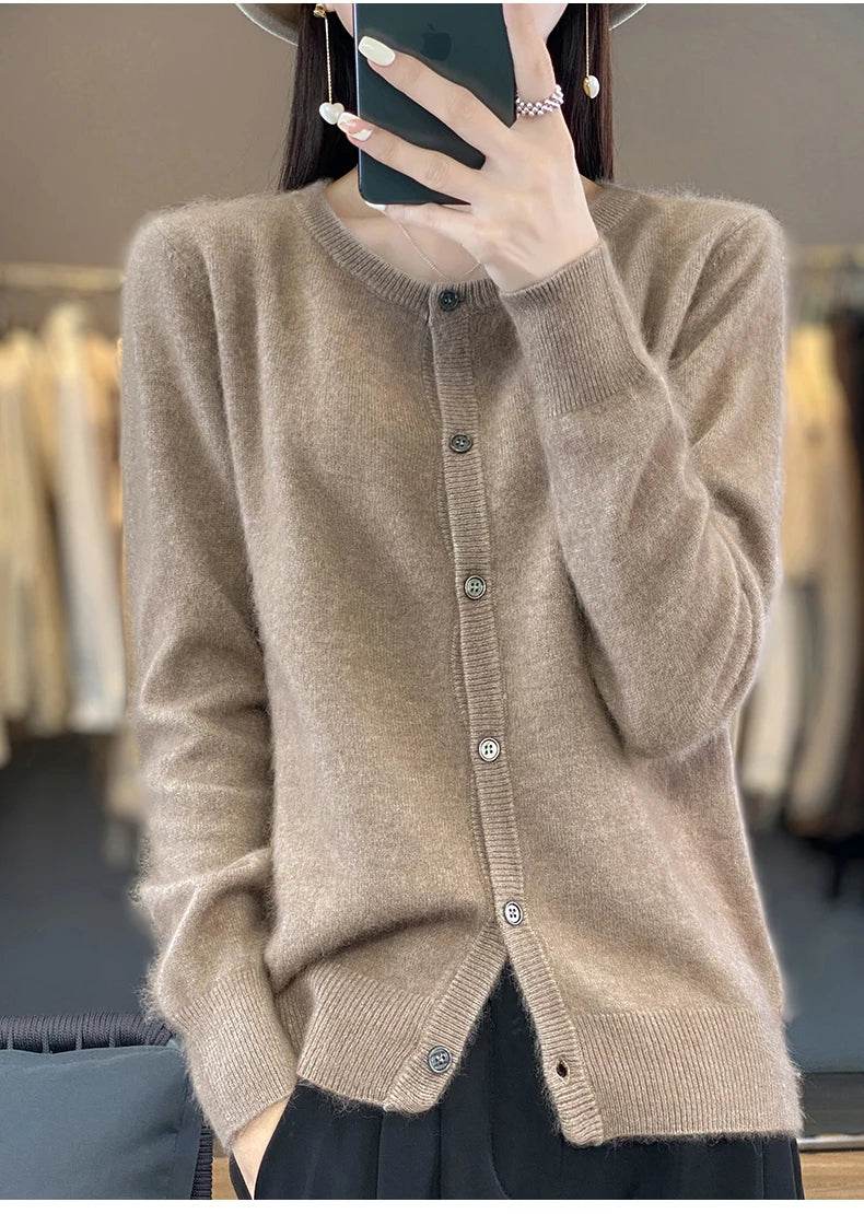 Women's Cardigan 100% Mink Cashmere Sweater,O-Neck Long Sleeve Top,Plus-Size Loose,Spring and Autumn Soft Knitted Jacket Female - AIAZ