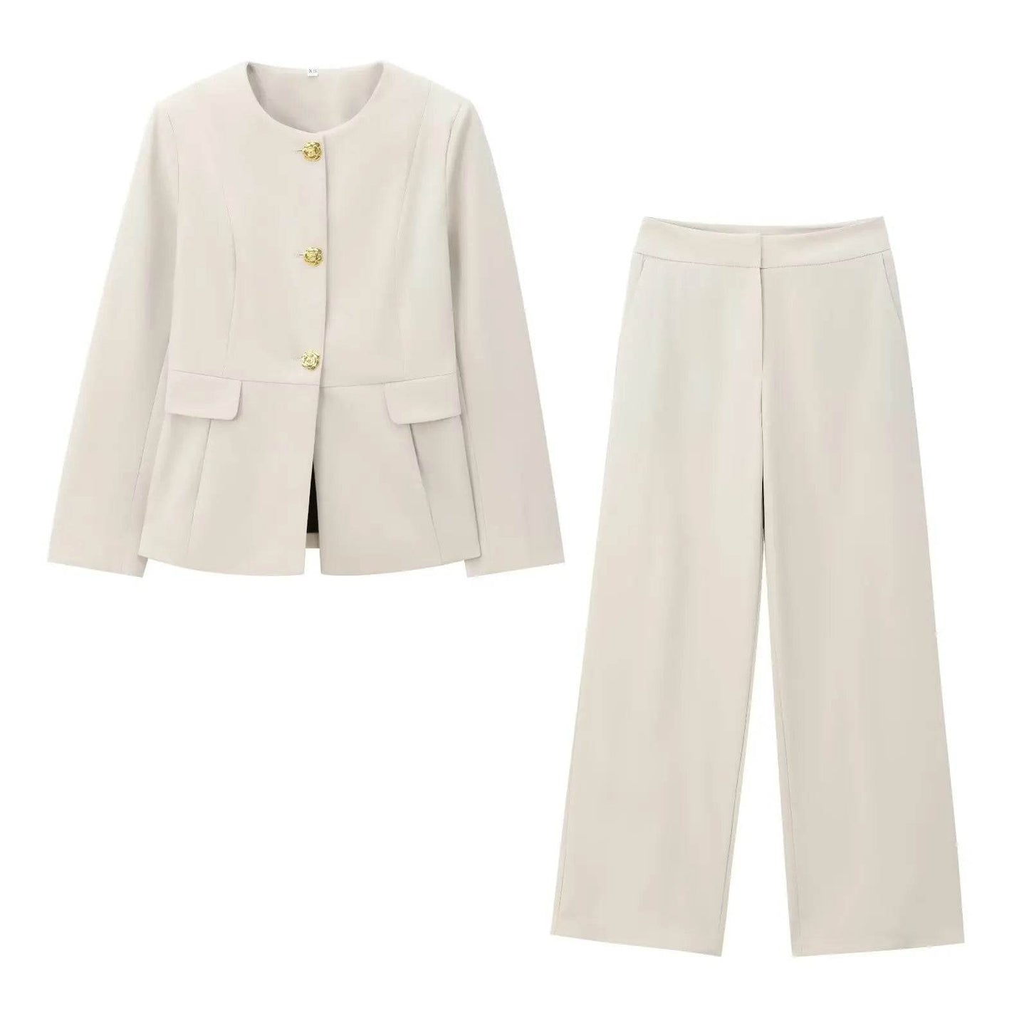 Women's Suit Set Business Formal Blazer & Pants Gold Button Jacket High Waist Straight Leg Office Wear Spring Wrinkle-Resistant - AIAZ